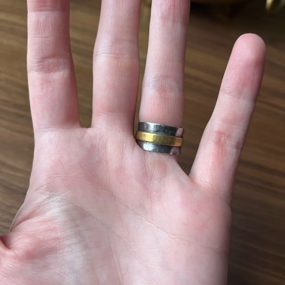 Vintage Art Deco Green Onyx Sterling Silver Ring with Gold Accents, wide band